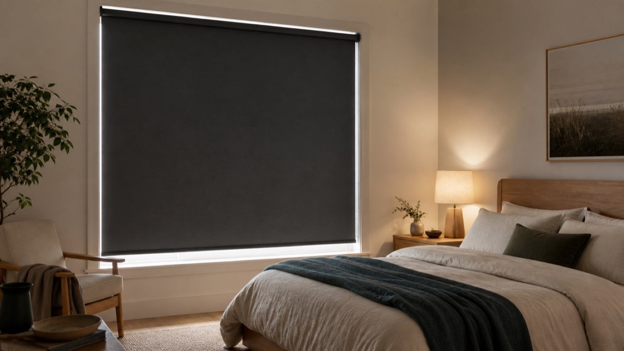Charcoal blockout roller blind in a calm bedroom