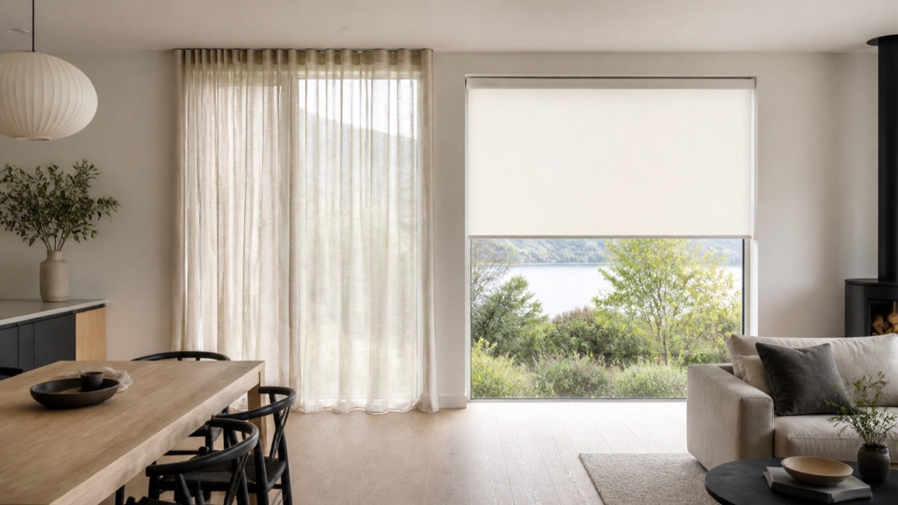 Curtain and roller blind shown in one contemporary room