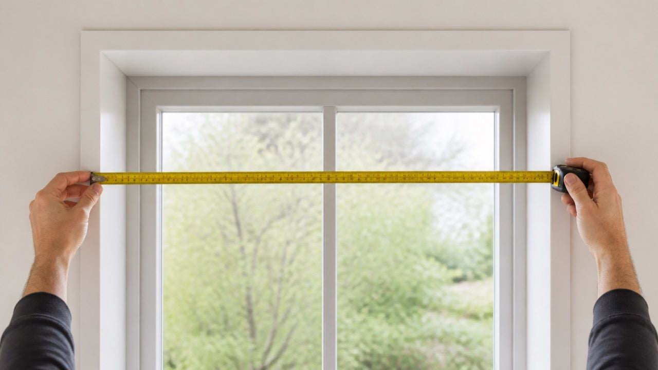 A rigid steel tape held level between the inside edges of a window recess